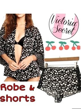 Victoria's Secret Satin & Lace Accent Cherries Kimono & Shorts  Sleepwear Set
